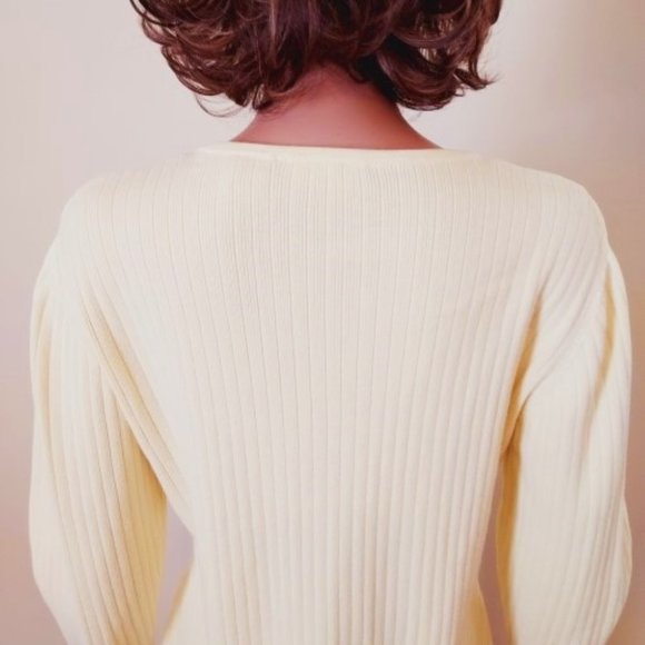 MADISON STUDIO SOFT YELLOW PUFF SLEEVE FEMININE BUTTON UP SWEATER SIZE M - Picture 5 of 9